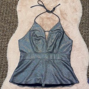 NWOT Silver metallic Express Peplum Plunge Neck Halter Top New